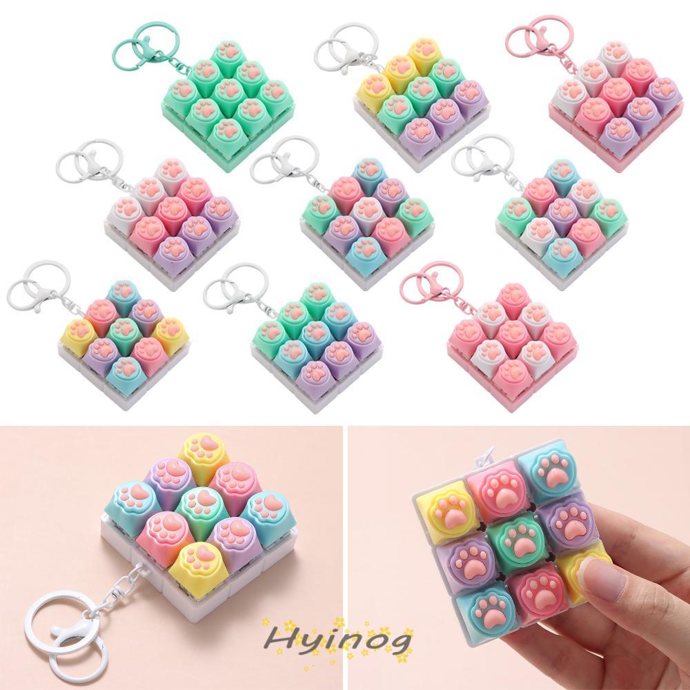 HYINOG Fidget พวงกุญแจ, รูปแมว 9 คีย์คีย์บอร์ด Clicker ของเล่น, ผ่อนคลาย DIY คีย์บอร์ด Keycap Pass เวลานิ้วมือคีย์บอร์ดหมวกของเล่นสําหรับผู้ใหญ่
