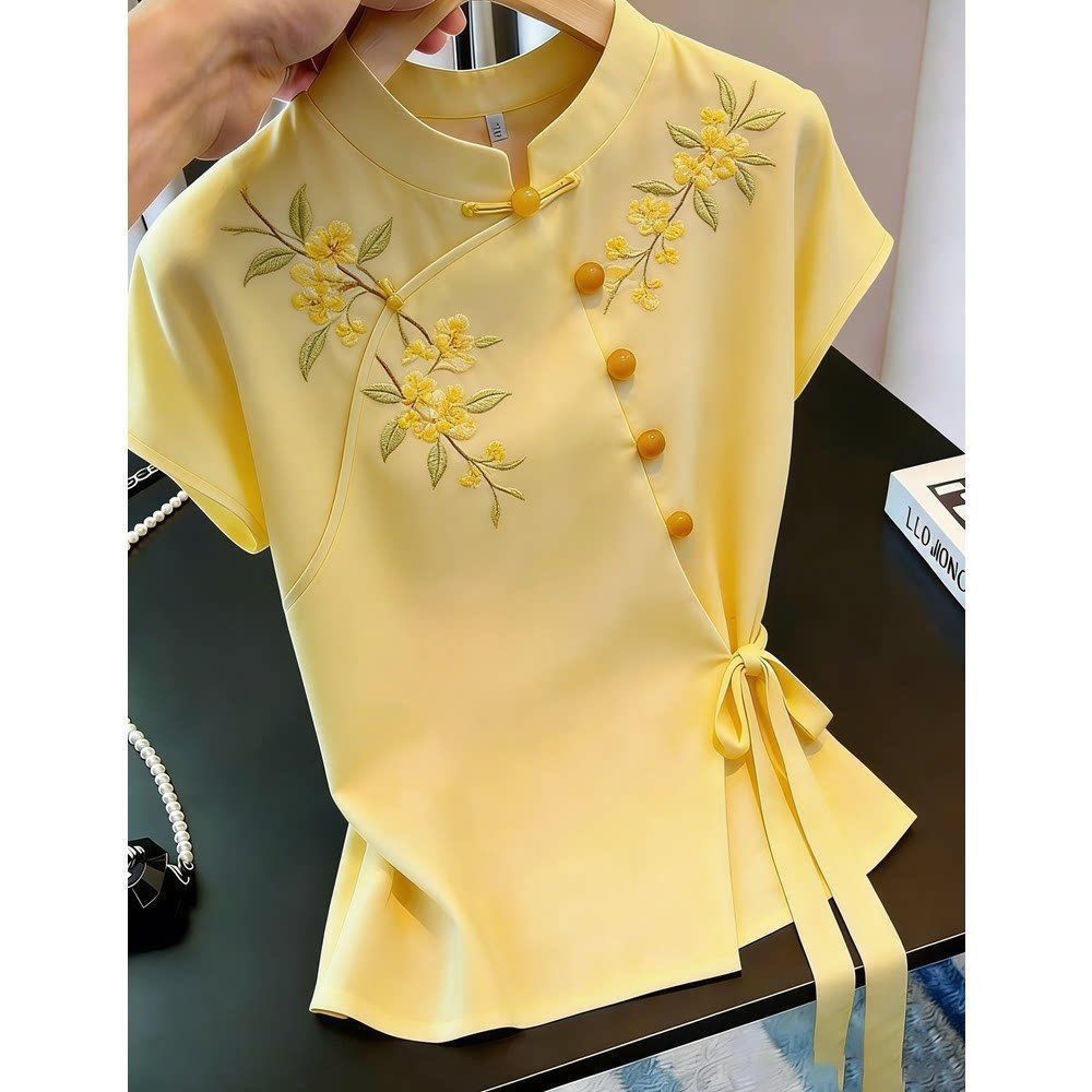 ฤดูร้อนสไตล์ใหม่สไตล์จีนปุ่มเสื้อสวมหัวแขนสั้นด้านบนผู้หญิง บาง-พอดี อารมณ์เสื้อแฟชั่นแสงหรูหราสไตล์