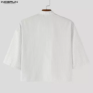 INCERUN เสื้อผู้ชายสไตล์เกาหลี คอตั้งแขนครึ่งลายทาง ออกแบบด้วยการเชื่อมต่อแบบ 3D ดอกไม้