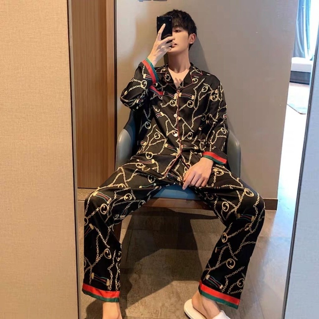【zxx0007.th】 男士冰丝睡衣长袖春秋季潮流宽松韩版家居服开衫时尚套加肥大码【 Hot selling in store 】 Men's ice silk pajamas with long 