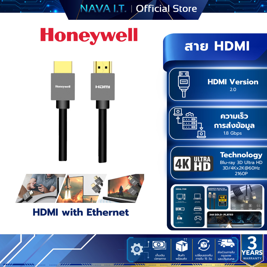 Honeywell สาย HDMI with Ethernet  2.0 Compliant Slim รองรับ 4K Ultra
