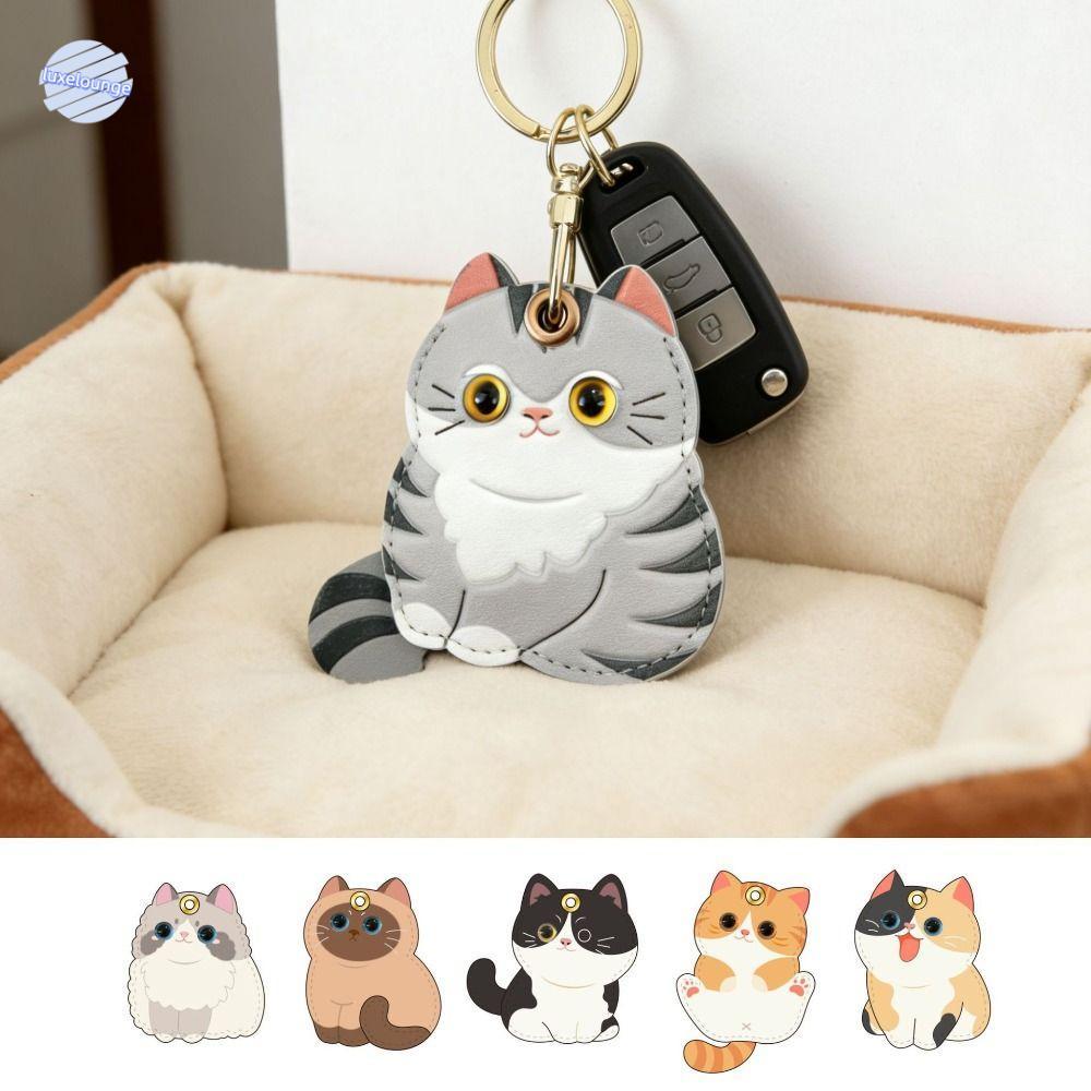 LUXELUNGE จี้แมวหนัง Pu, พวงกุญแจรูปสัตว์การ์ตูนแฮนด์เมด, ไม้แขวนเสื้อสร้างสรรค์น่ารัก DIY ที่หุ้มบัตรเข้าออกอุปกรณ์เสริมในรถยนต์
