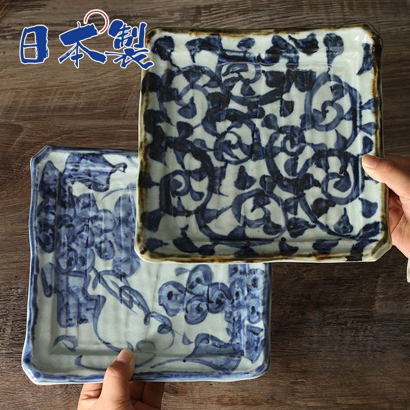 Bloom จานอาหารค่ําเซรามิก Minoyaki ของญี่ปุ่น จานซูชิ Tang Grass Grape Tableware Retro Square Flat P