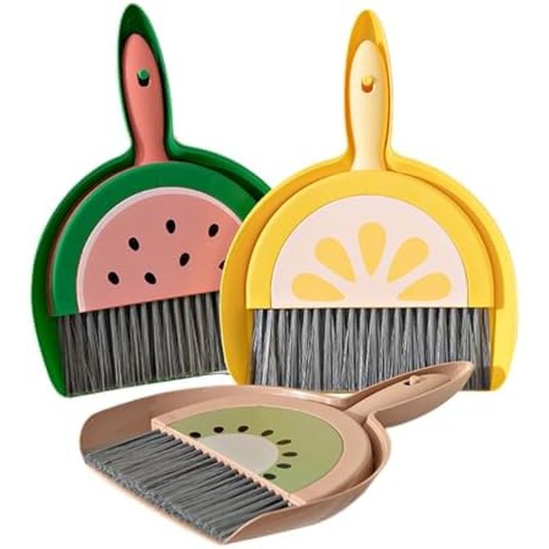 CHILDWEET Fruit-Themed Mini Broom and Dustpan Set 3-Piece Desktop Cleaning Tool Compact Small Broom 