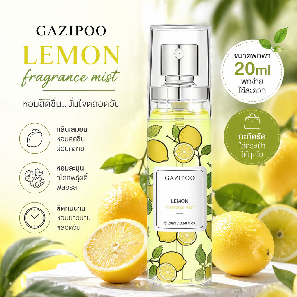 GAZIPOO 🍋น้ำหอมกลิ่นเลมอน (Lemon Fragrance Mist) 20ml กลิ่น Citrus หอมสดชื่น เฟรช ผ่อนคลาย พกพาสะดวก