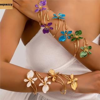 【Fast Shipping】AQUAZZY Floral Open Cuff Armlet, Enamel Glaze Craft Gold Color Flower Cuff Bracelet, Vintage Metal Spiral Arm Bracelet Gifts