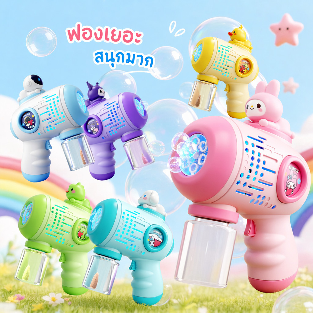 ปืนเป่าฟองอัตโนมัติเป่าฟองของเล่นการ์ตูนไฟ นํา งานเลี้ยงวันเกิดกลางแจ้งเด็ก
