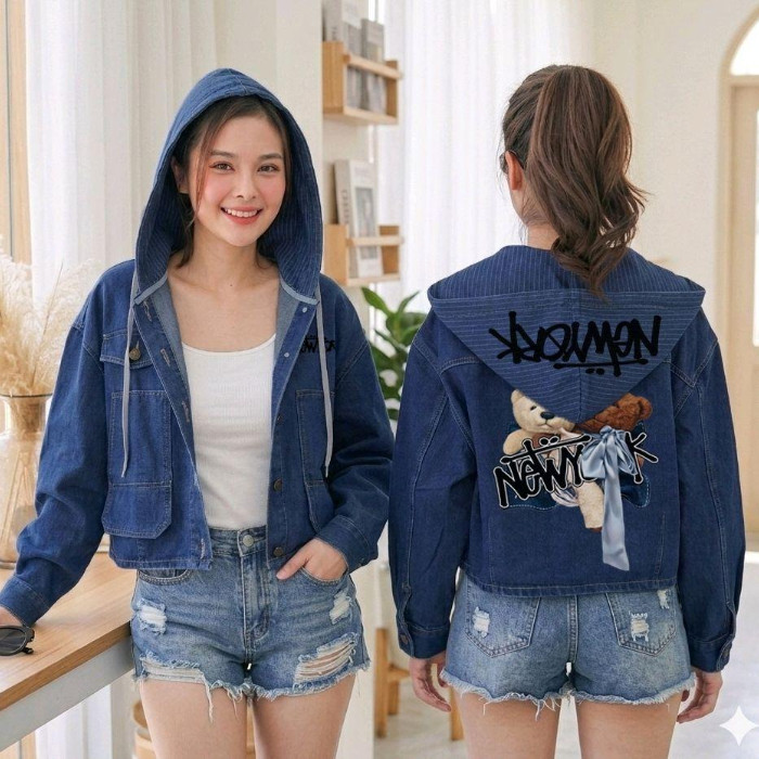 Jacket แจ็คเก็ตยีนส์ฮู้ดลายหมีNewyork กระเป๋าหน้า รุ่น2506