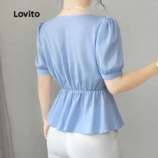 Lovito เสื้อเบลาส์ผู้หญิงสีฟ้า คอปกระบาย กระดุมด้านหน้า จีบจีบ สไตล์ฤดูใบไม้ผลิ/ฤดูร้อน L189ED053