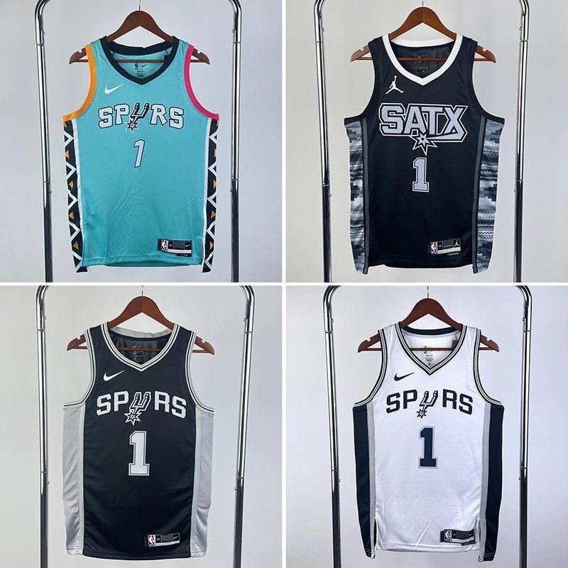 SW เวอร์ชัน NBA Spurs เบอร์ 1 Wenbunya Pony Jersey เสื้อบาสเกตบอลชาย Retro Hot Pressed Jersey Top เส