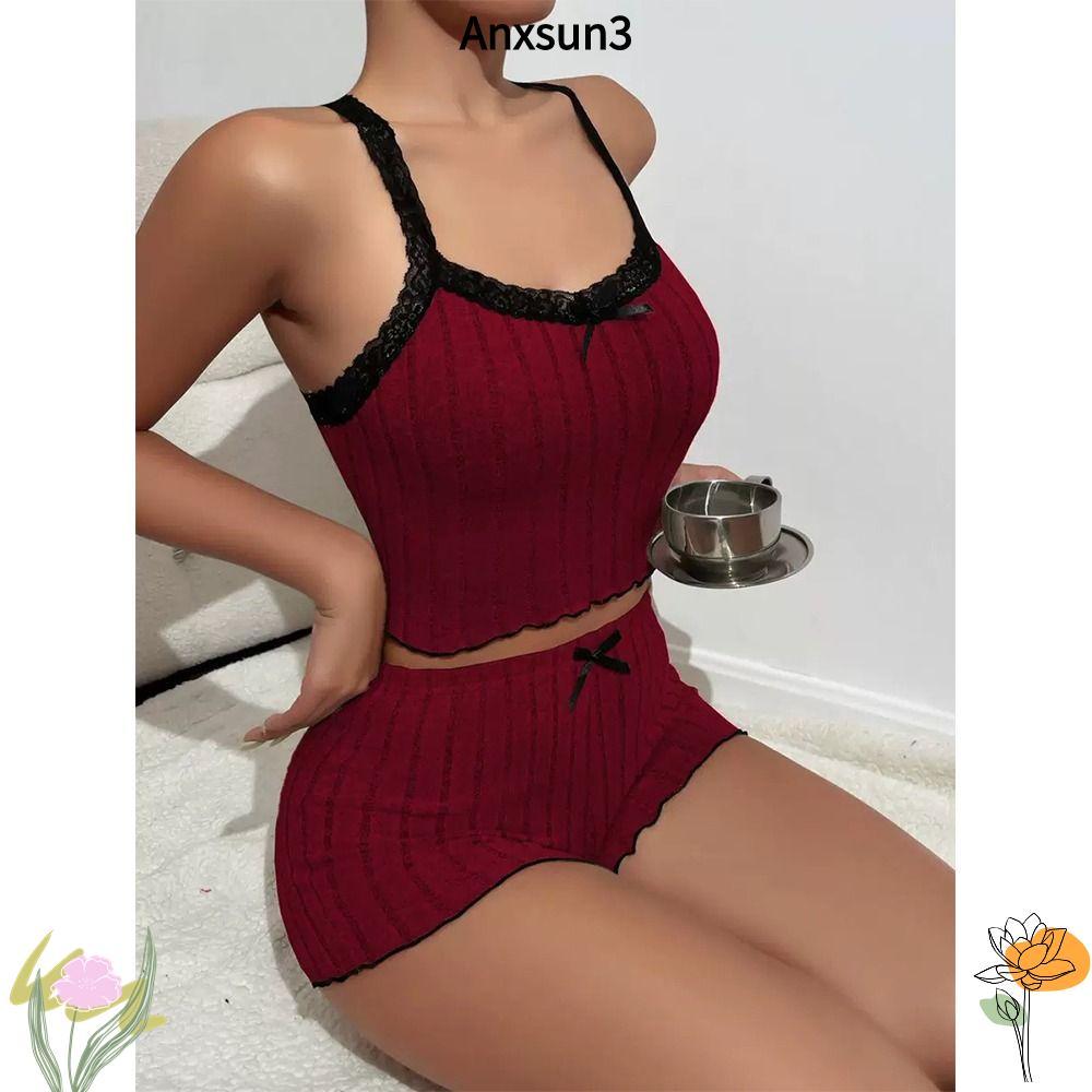 ANXSUN3 2 ชิ้นผู้หญิง Ribbed ถักชุดนอนชุด,น่ารักนุ่มผักกาดหอม Hem กางเกงขาสั้น, ลูกไม้ Trim Loungewear ผู้หญิง