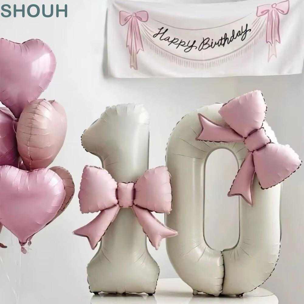 โชห์จํานวน0-9บอลลูน,สีขาวครีมพร้อมโบว์สีชมพูอ่อนลูกโป่งอลูมิเนียมฟอยล์,ตกแต่งปี40นิ้วลูกโป่งงานเลี้ยงวันเกิดครบรอบพรรค