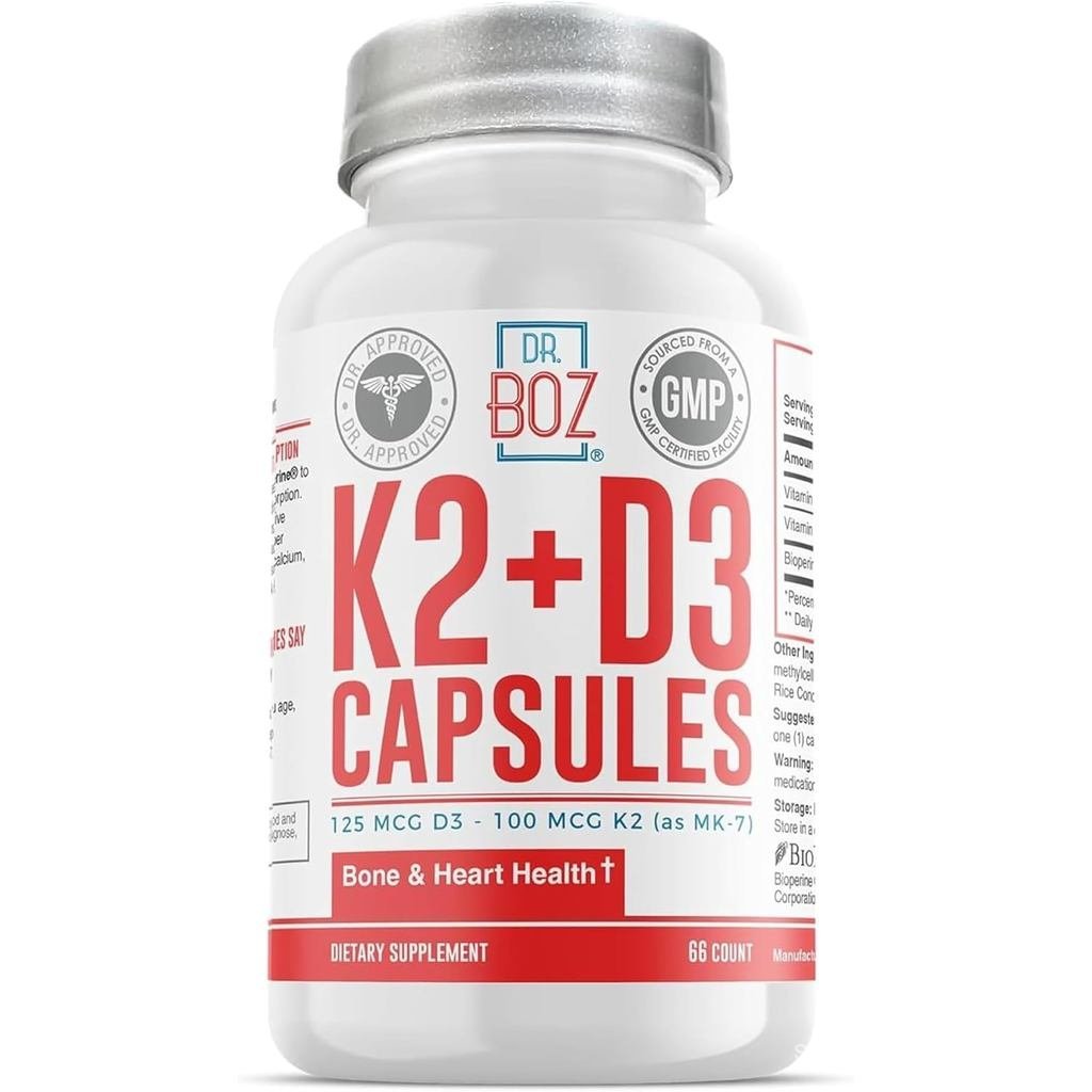 ดร. Boz - K2+D3 Capsules, 66 เสิร์ฟ - อาหารเสริมวิตามิน D3 K2 พร้อม BioPerine - Bone & Heart Health 