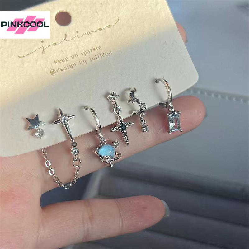 PINKCOOL 6 ชิ้น/เซ็ต Goth Punk คริสตัล Moon Cross Star จี้ต่างหูผู้หญิงอารมณ์อเนกประสงค์เครื่องประดับอุปกรณ์เสริมของขวัญ HOT