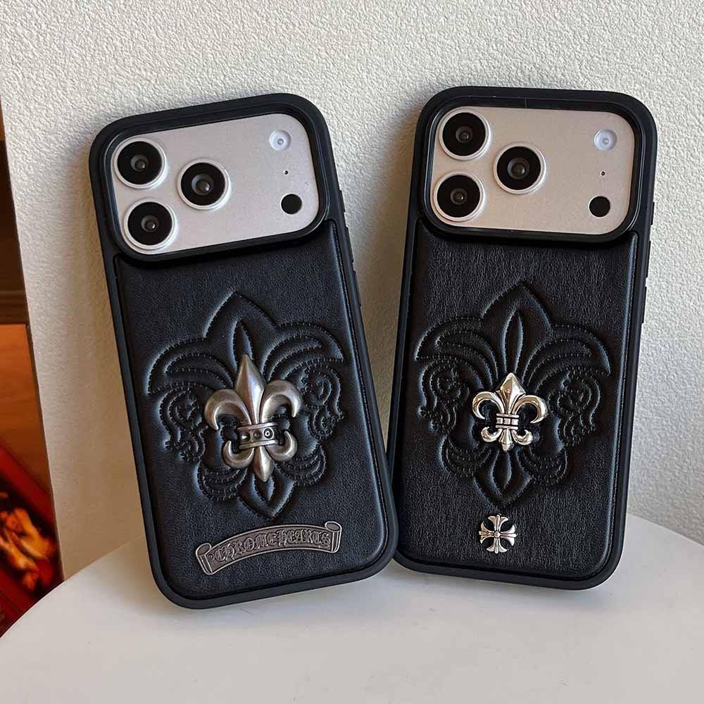 สีดํานูนเต็มฝาครอบโทรศัพท์หนังเคสโทรศัพท์ที่มีโลโก้โลหะมีสไตล์สําหรับ ไอโฟน 17โปรแม็กซ์ 16โปรแม็กซ์ 