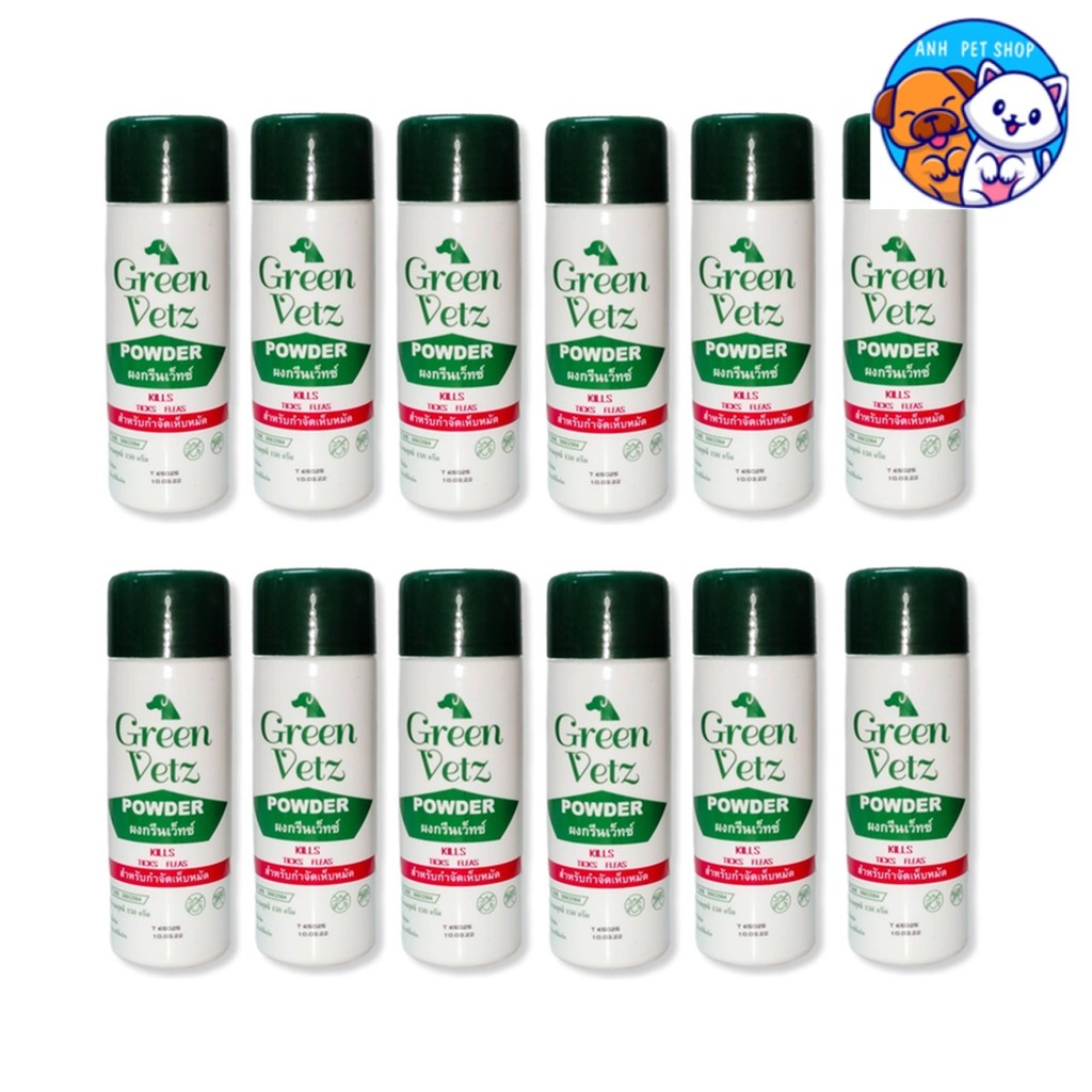 12 กระป๋อง Green Vetz Powder แป้ง ผงโรยตัสกำจัดเห็บหมัด สุนัข สัตวแพทย์แนะนำ (มี อ.ย.) 150g