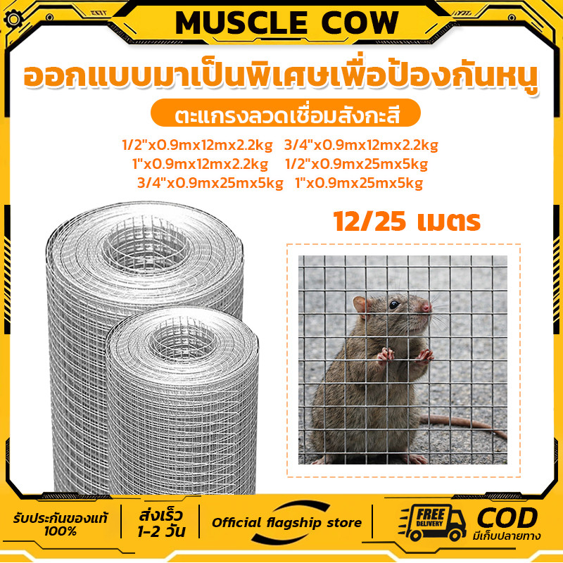 MUSCLE COW ลวดตาข่าย ชุบกัลวาไนซ์ ตาข่ายกรงไก่ ตาข่ายกรงนก ตะแกรงปูผนัง ตาข่ายลวด ลวดเหล็ก รั้วตาข่าย กันงู กันหนู ดักสั