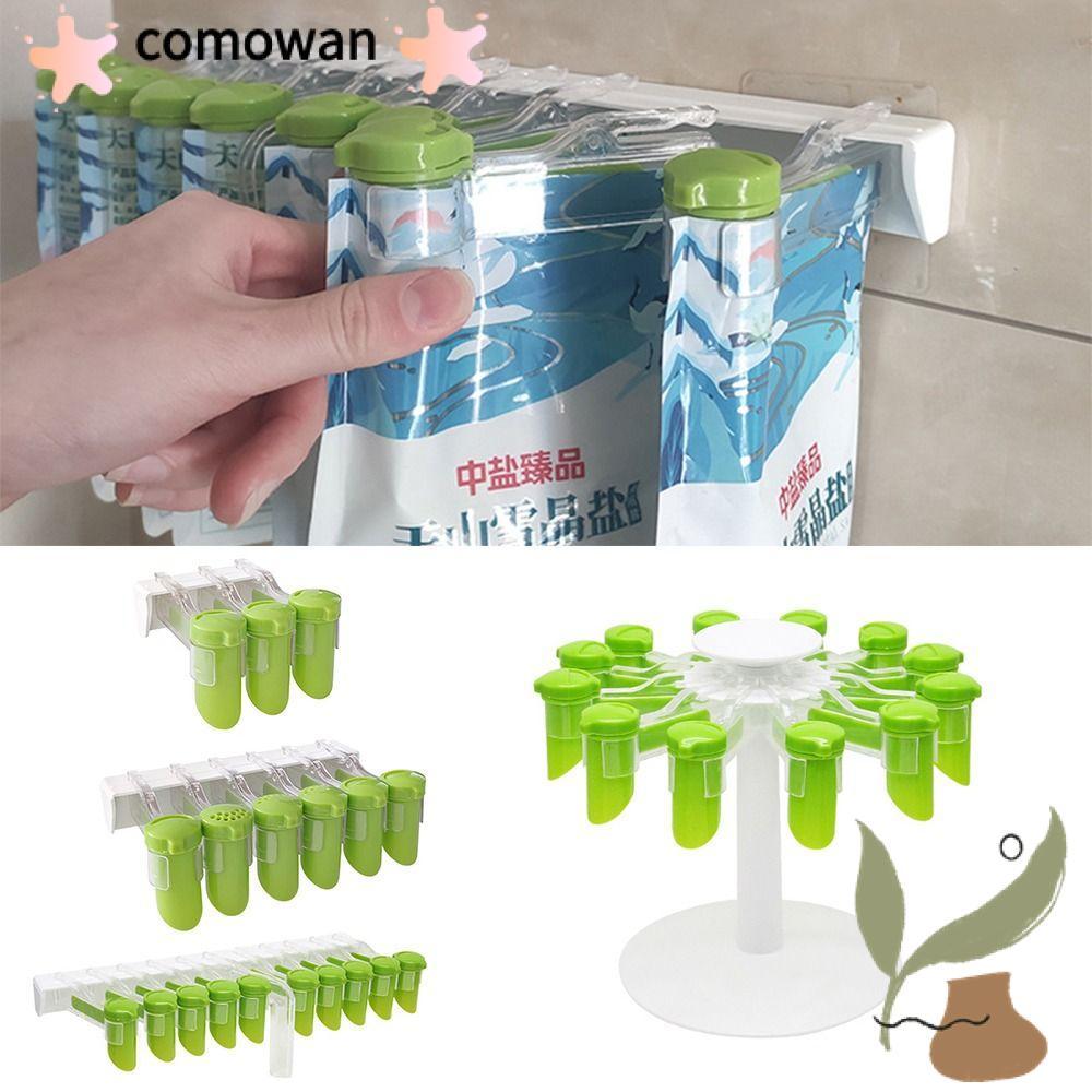 COMOWAN ชั้นวางเครื่องเทศในครัว, ที่วางถุงเครื่องเทศสีเขียวแบบไม่มีหมัด, เครื่องมือติดผนังแบบพกพาที่ใส่ถุงปรุงรสพลาสติกในครัว