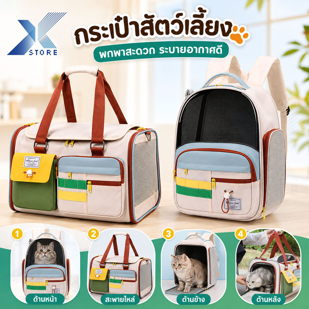 Xstore กระเป๋าสัตว์เลี้ยง กระเป๋าแมว เป้สัตว์เลี้ยง ใบใหญ่มาก สองสไตล์ แนวทแยง+ไหล่ พับเก็บได้  มีรูระบายอากาศ เหมาะสำหรับใส่แมว