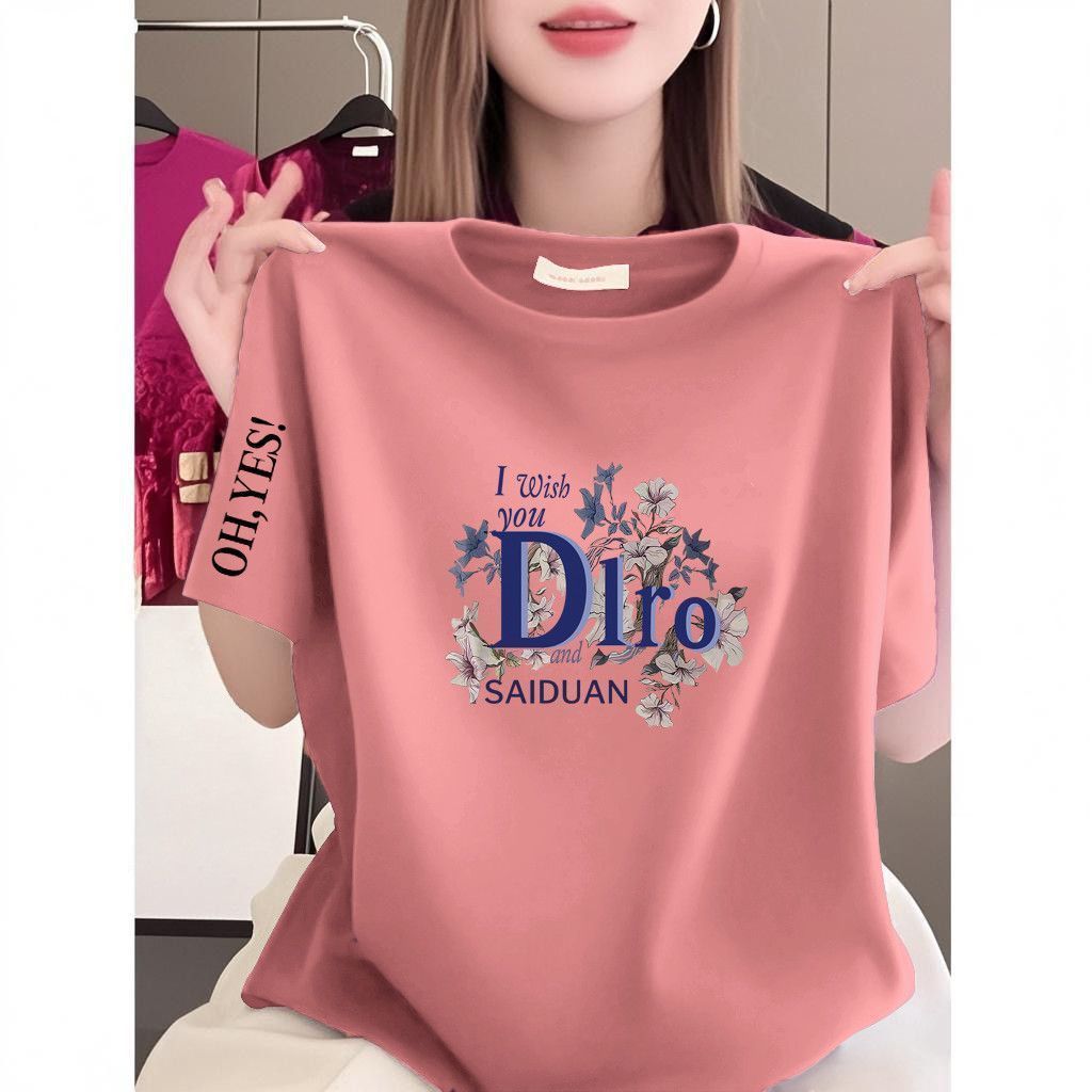 LP163💕ผ้าฝ้ายแท้แขนสั้นขนาดบวกเสื้อยืดหลวมสุภาพสตรีฤดูร้อนรอบคอทุกการแข่งขันแฟชั่นพิมพ์ด้านบน