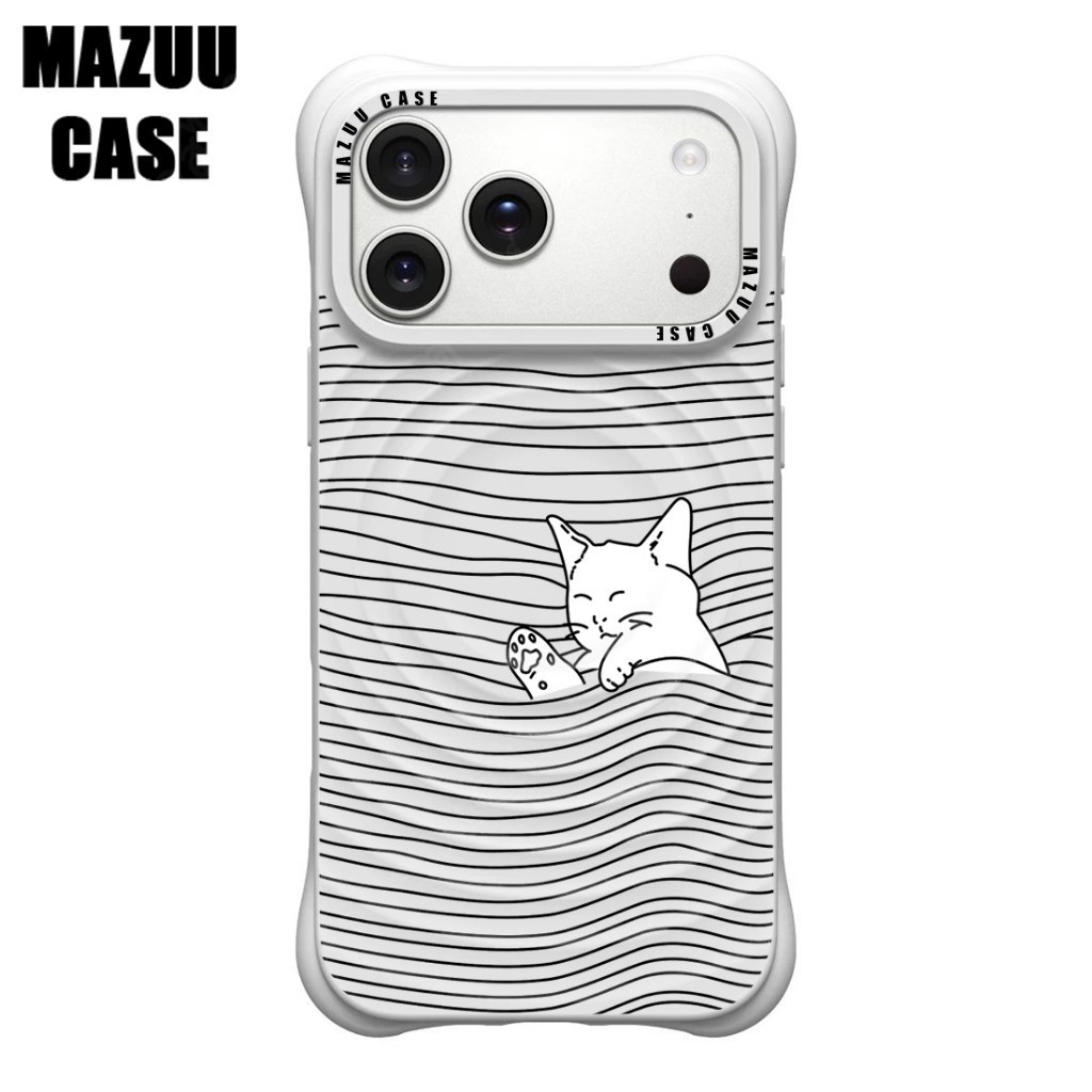 เคสไอโฟนแม่เหล็ก ลอนคลื่น มุมหนากันกระแทก ซิลิโคนขาว ลายแมวเส้นคลื่น น่ารัก iPhone 17 16 15 14 13 Pro Max Plus