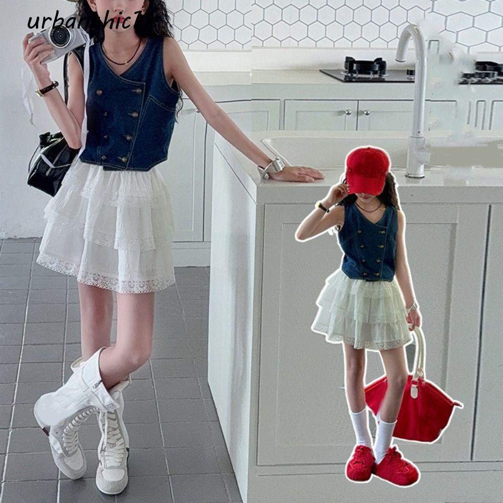 URBANCHIC Girls Sweet Clothes Set, Loose Children Vest Cake Skirt Set, Korean Style Cowboy Vest Clot
