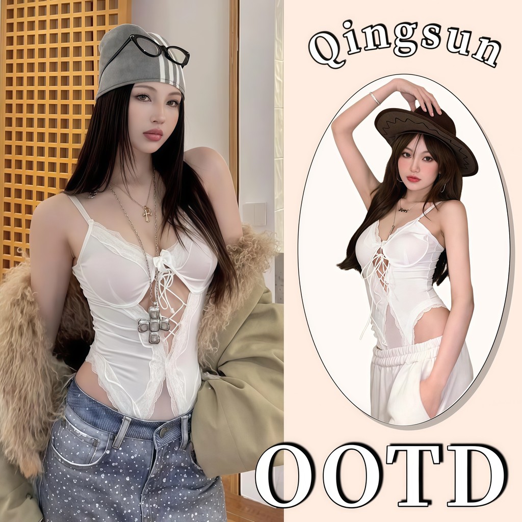 Qingsun ผู้หญิง สีพื้น สายเดี่ยว บอดี้สูท ด้านหน้าออกแบบเชือกรัด ตกแต่งลวดลายเว้าโชว์เอว เซ็กซี่ ใส่แล้วดูผอม FY5132