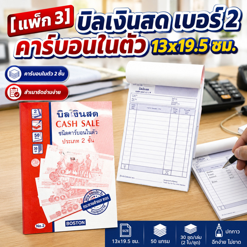 [แพ็ก 3 ชิ้น] BOSTON บิลเงินสด เบอร์ 2 ชนิดคาร์บอนในตัว ขนาด 13 x 19.5 ซม. (50 แกรม)