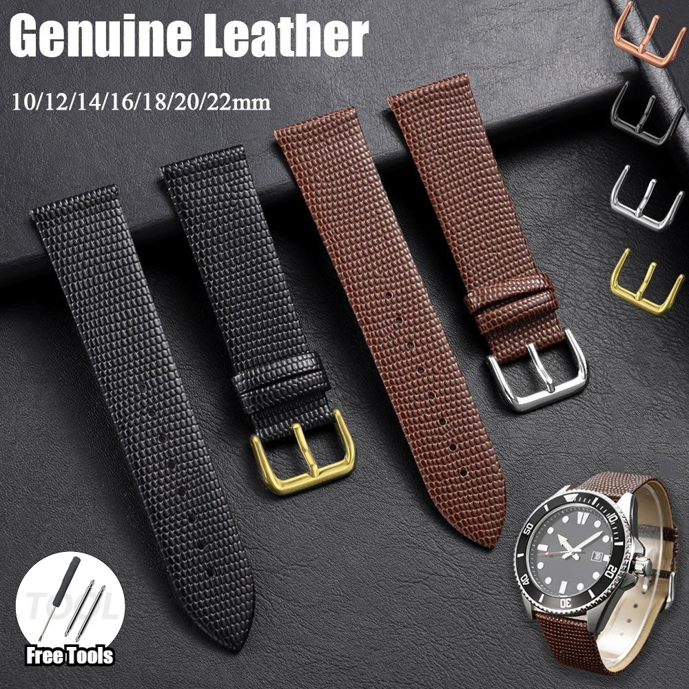 Lizard Grain สายนาฬิกาหนังแท้ 10/12/14/16/18/20/22 มม.คลาสสิกธุรกิจ Soft Cowhide 4 สีหัวเข็มขัดโลหะนาฬิกาสําหรับผู้ชายผู้หญิง