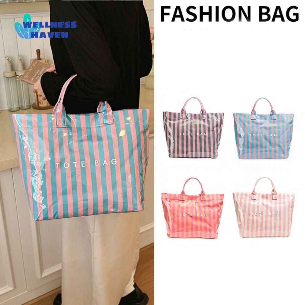 กระเป๋า tote พีวีซึ่งลายขวาง กันน้ําและออกแบบเจลลี่ พกพาสะดวก มีความจุมาก