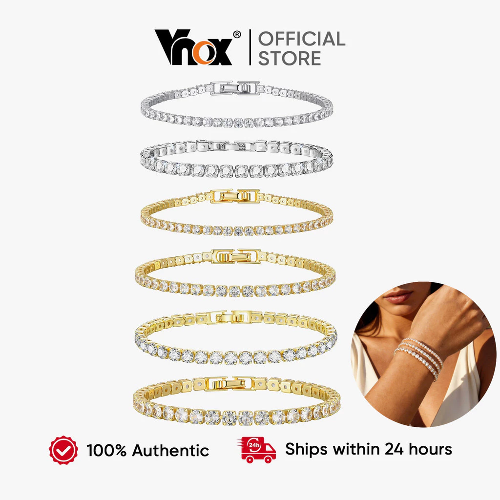 Vnox สร้อยข้อมือเทนนิสสีขาวสำหรับผู้หญิง ชุบทอง 18K กันน้ํา และไม่อันตรายต่อผิว