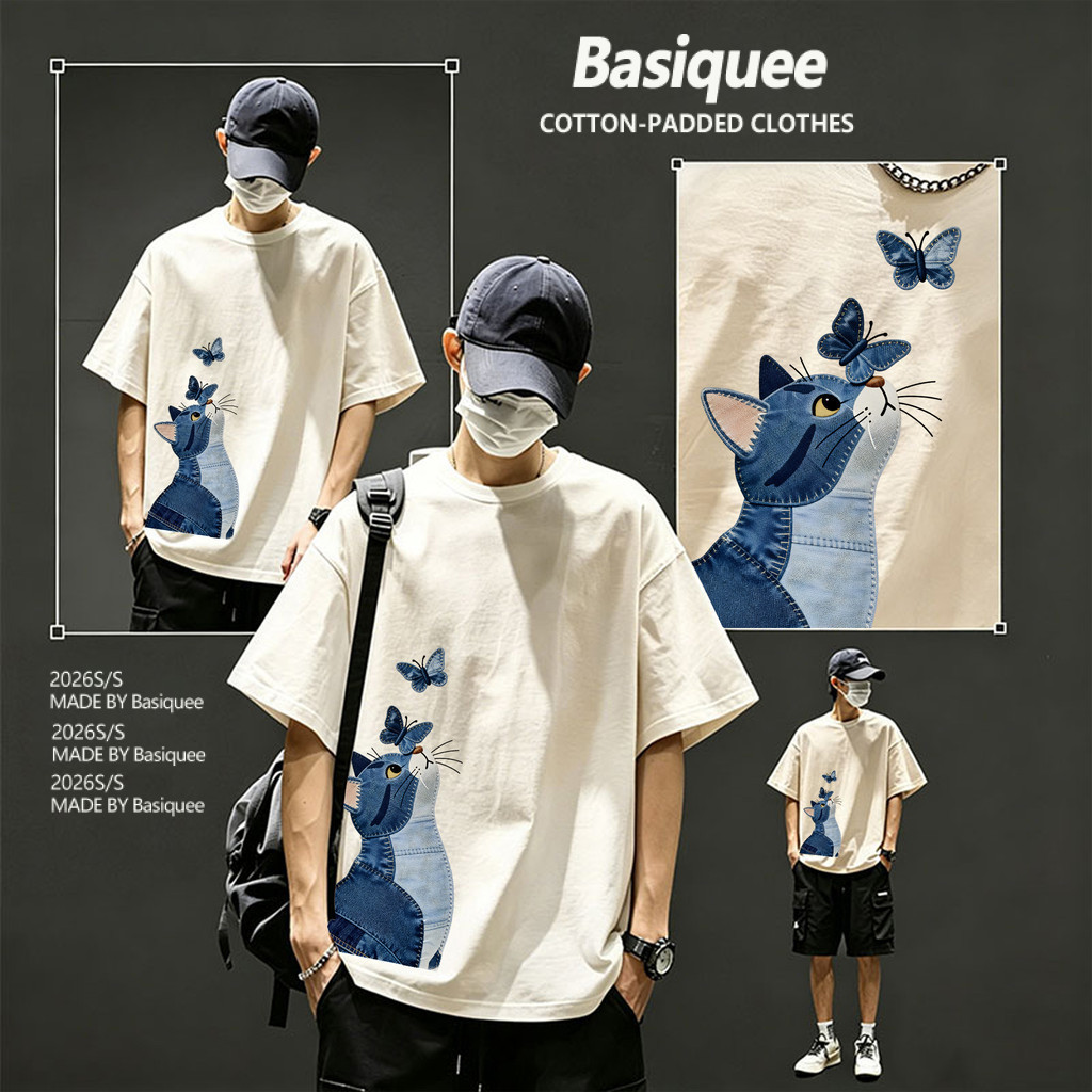 Basi💥เสื้อแฟชั่น เสื้อยืด oversize ผ้าฝ้าย100% แนวสตรีท ไม่ต้องรีดผ้า สวมใส่สบาย ผ้านิ่ม  ลาย  "Cowboy CAT”