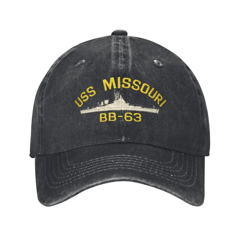 คลาสสิก USS Missouri BB-63 หมวกเบสบอลสําหรับผู้ชายผู้หญิง Distressed Denim Headwear เรือรบเรือกองทัพ