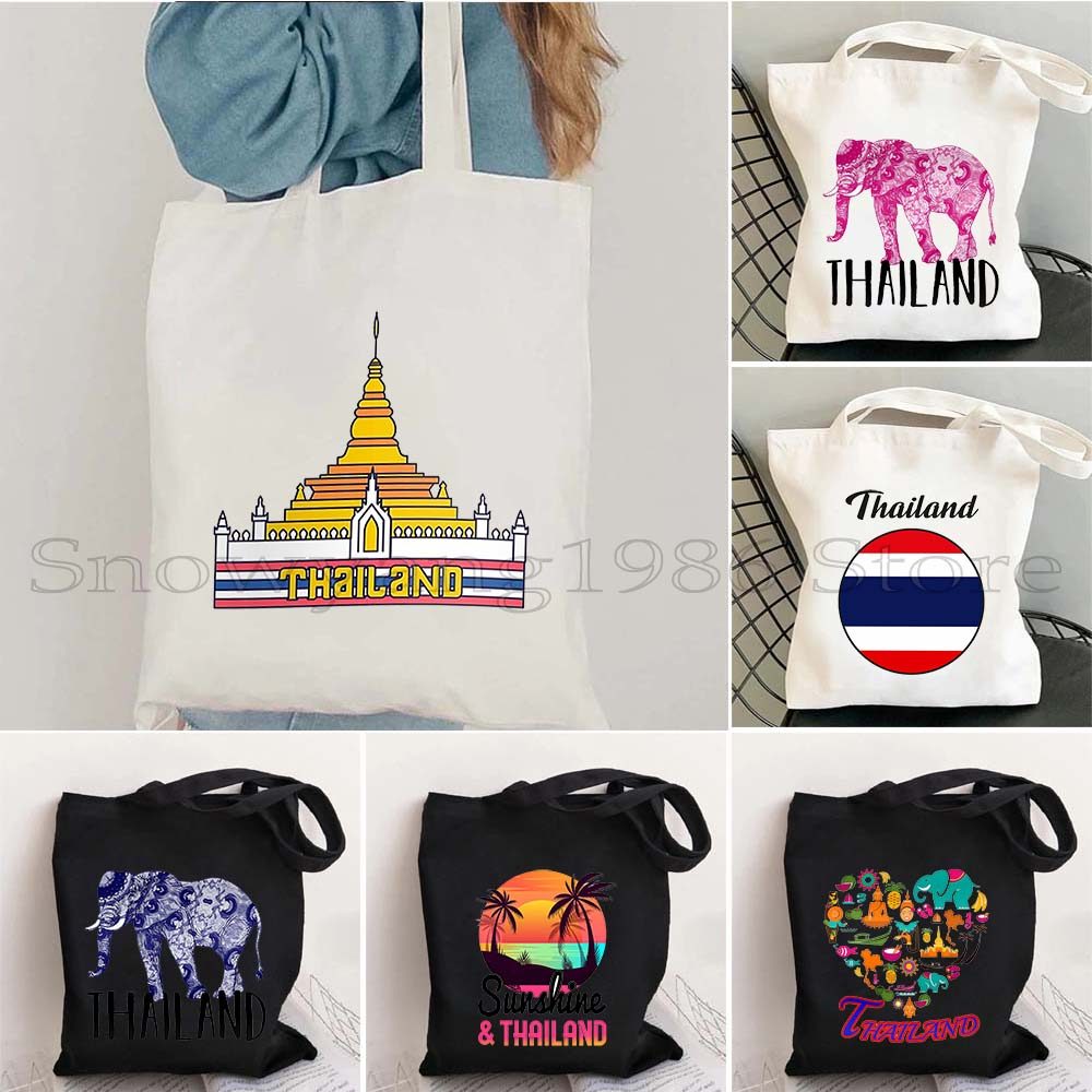 Graphic Bangkok Buddha Thailand Map Trip Souvenir Elephant Art Cute Gifts Heart Phuket Canvas Tote B
