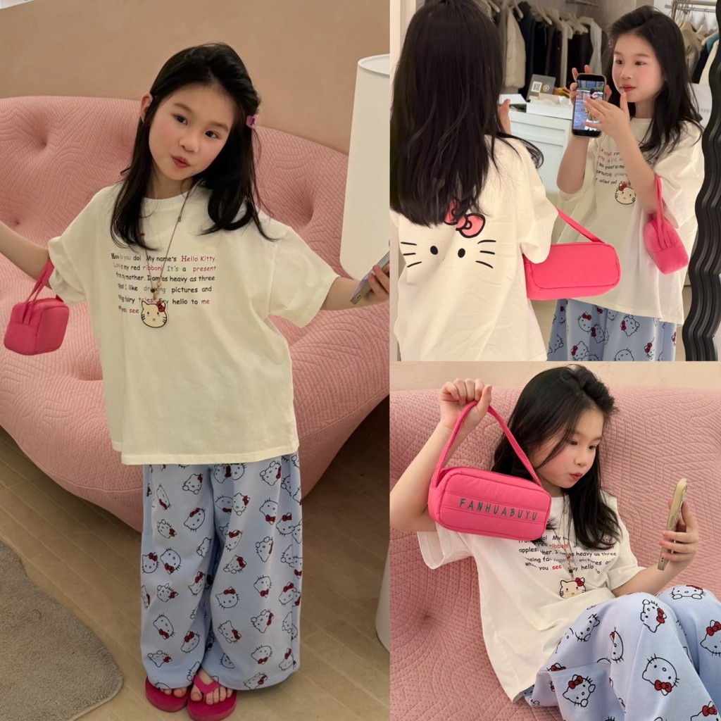 PRETTY BABY เสื้อยืดเด็ก เสื้อยืดโอเวอร์ไซส์ กางเกงขายาว ลายการ์ตูน(2155)