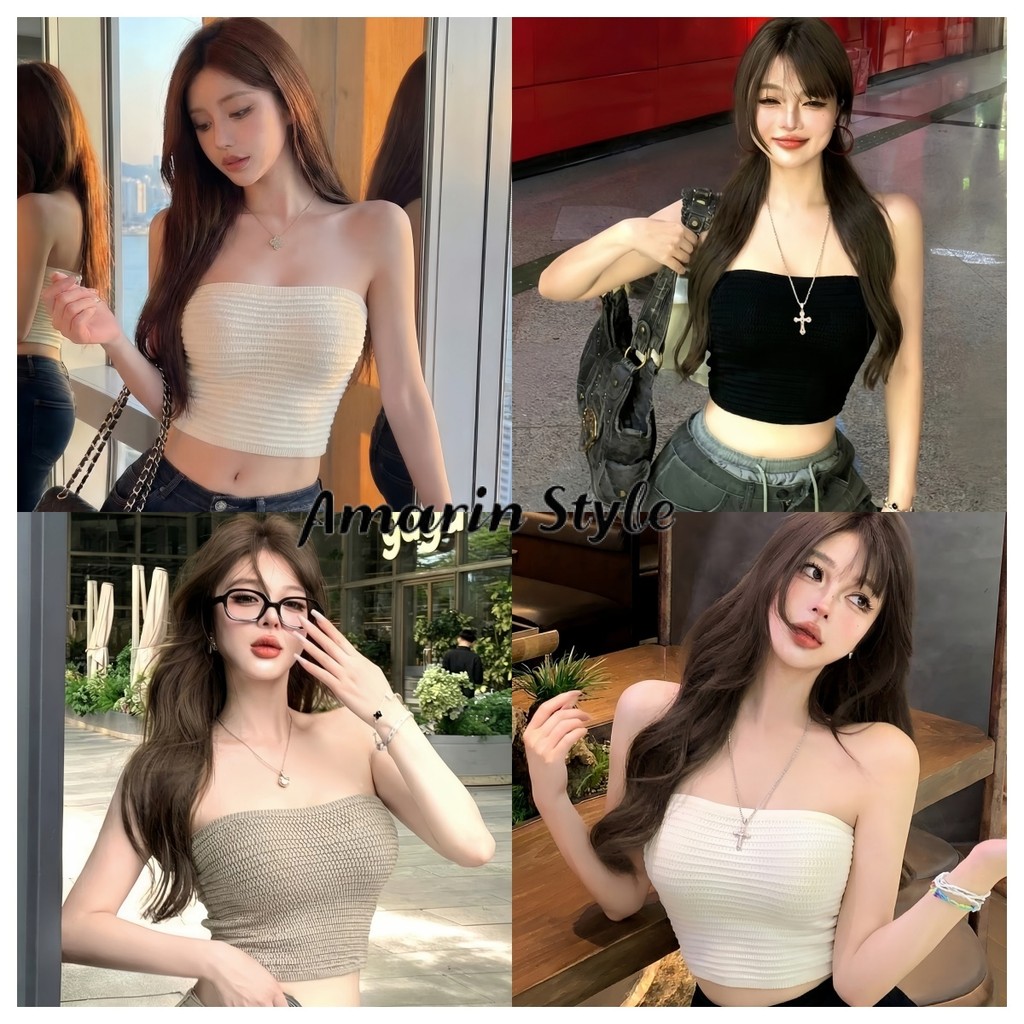 Amarin🌸พร้อมส่ง🌸【เสื้อเกาะอก】สไตล์เกาหลี ถักไหมพรม ทรงครอปมินิมอลเรียบหรู เสื้อแฟชั่นผู้หญิง ใส่ซ้อนชั้นดูดี 03091