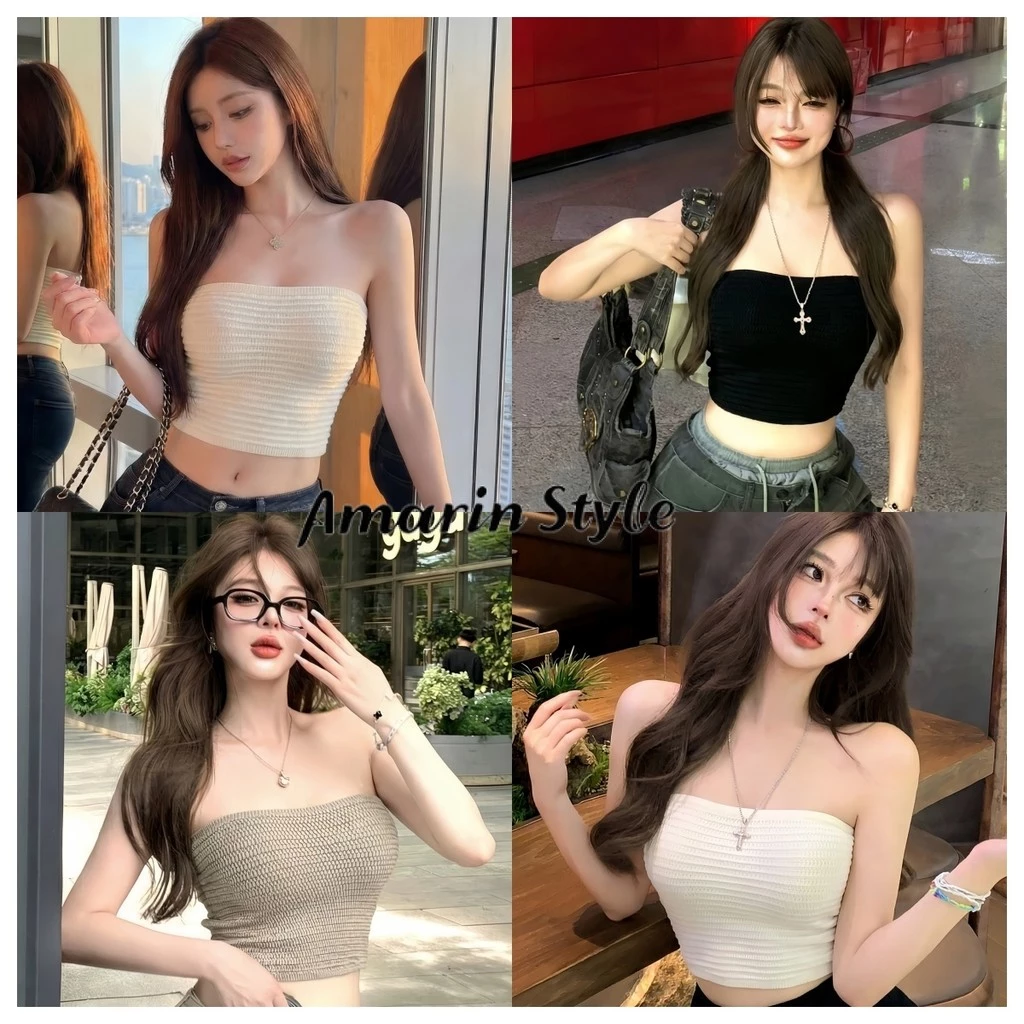 Amarin🌸พร้อมส่ง🌸【เสื้อเกาะอก】สไตล์เกาหลี ถักไหมพรม ทรงครอปมินิมอลเรียบหรู เสื้อแฟชั่นผู้หญิง ใส่ซ้อนชั้นดูดี 03091