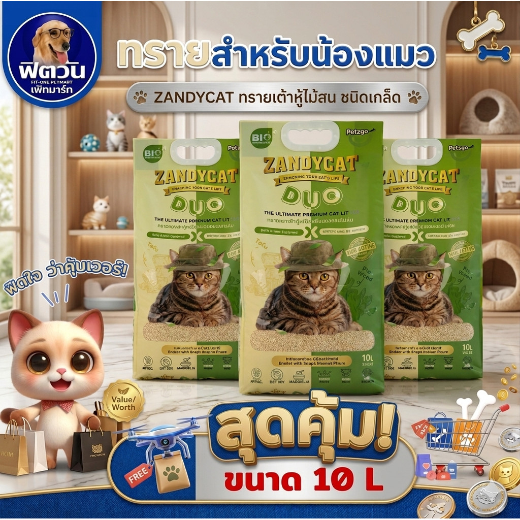 Zandycat Duo ทรายแมวดูโอ ทรายเต้าหู้ผสมไม้สน ขนาด 10 ลิตร{ทรายแมว}