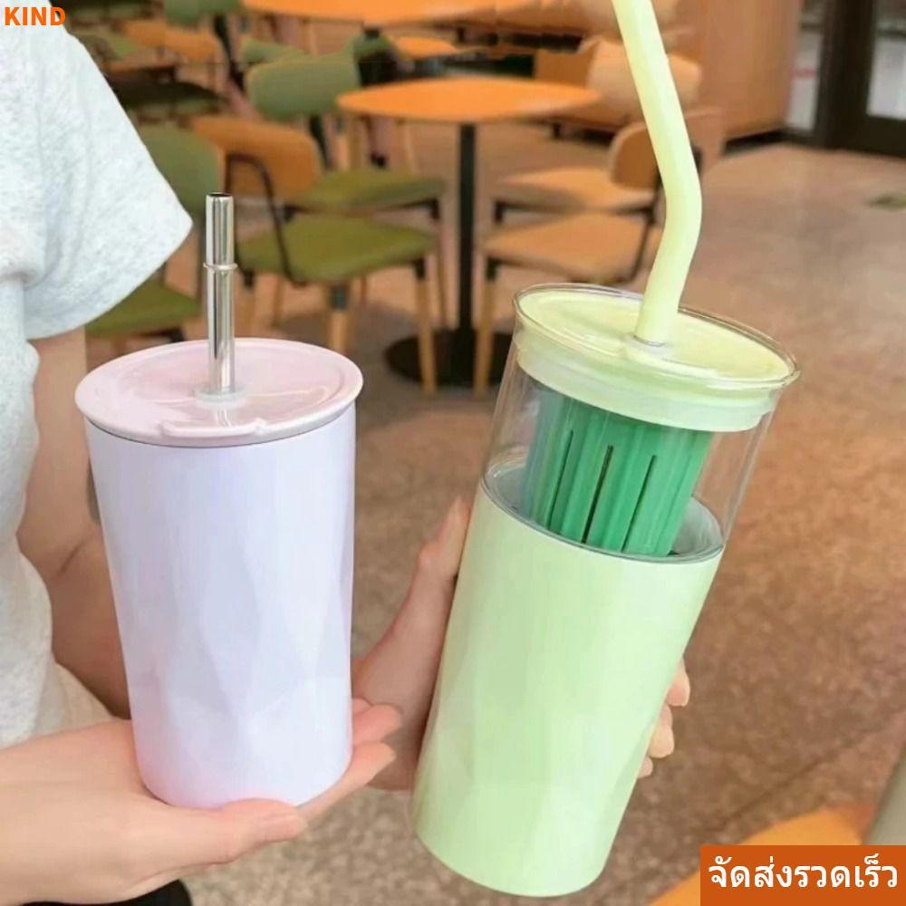KIND แก้วเก็บความเย็น, 650ML 2in1 ถ้วยฟาง, ถ้วยกาแฟ 2 ชั้นความจุขนาดใหญ่ถ้วยเก็บความร้อน Drinkware