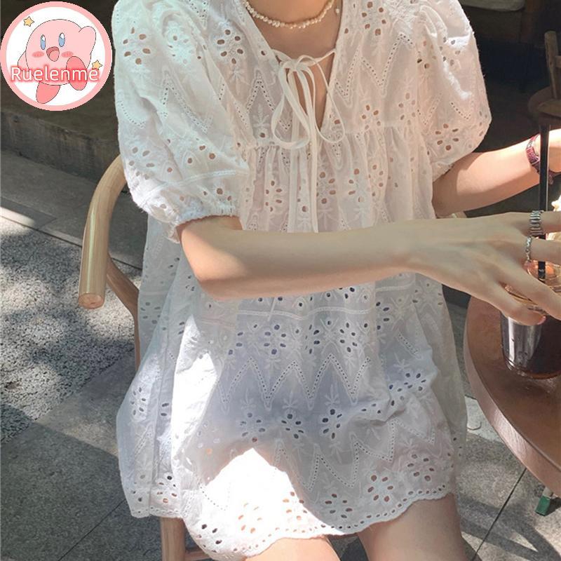 Uelenme เสื้อพัฟแขนผู้หญิง Hollow Out ลายลูกไม้ V-neck ทรงหลวม สไตล์มินิ ใส่สบายในฤดูร้อน