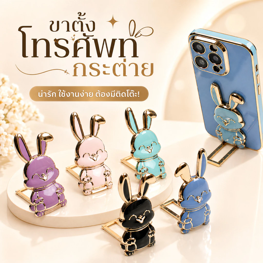 ที่วางโทรศัพท์มือถือ ลายกระต่ายน่ารัก แบบสติกเกอร์แปะหลัง พับได้ ใช้ได้ทุกรุ่น หมุนได้ พร้อมส่ง