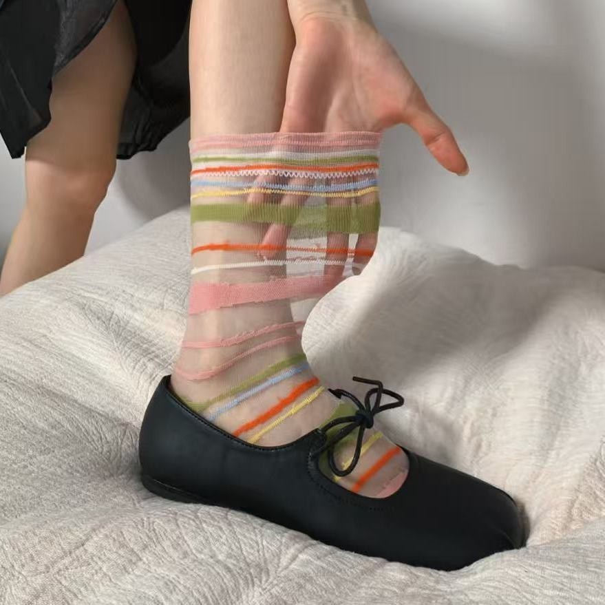 Rainbow Stripes Retro Ultra-Thin Mesh Transparent Sweet Mid-Tube Socks Women
