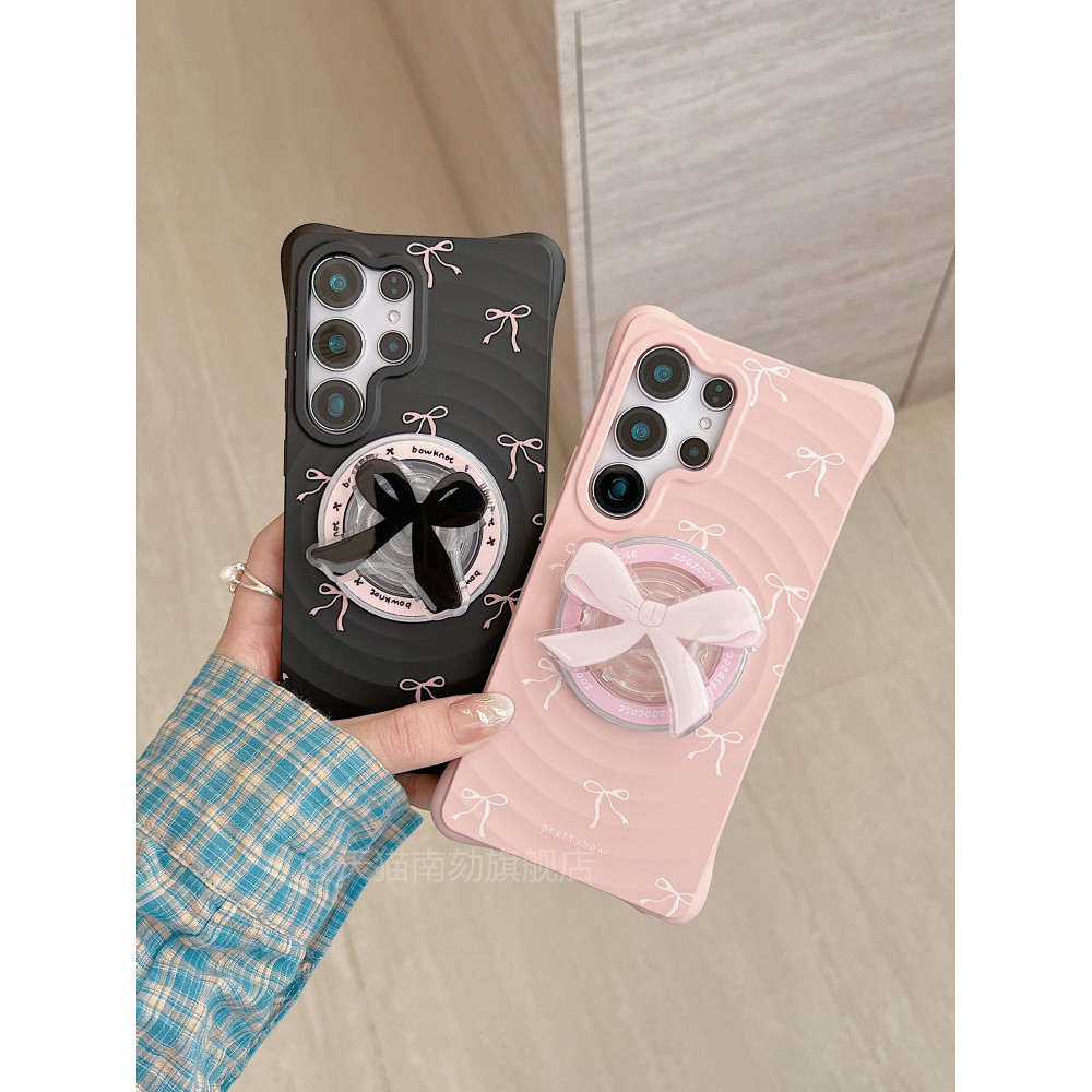Boyang โบว์สีชมพูวงเล็บแม่เหล็กSamsung S23 S24 S25 S26 Ultraเคสโทรศัพท์S25FEกันกระแทกฝาครอบป้องกันS24FEสี่มุมรุ่นสีดําหนา