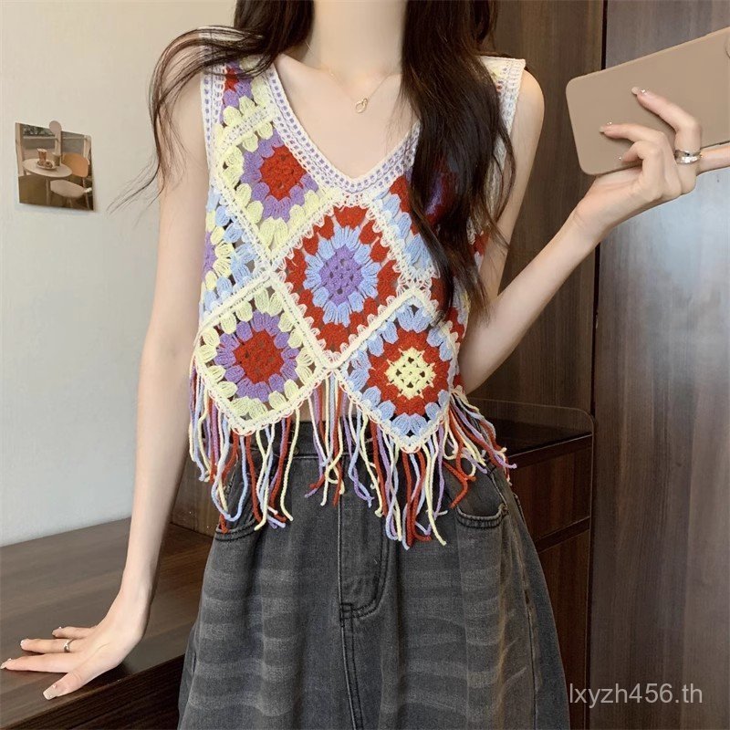 Posy Style Hollow Vest Crochet พร้อมกระดิ่งสามารถสวมเป็นเสื้อยืดหรือเสื้อกลม.camisole top สำหรับฤดูร