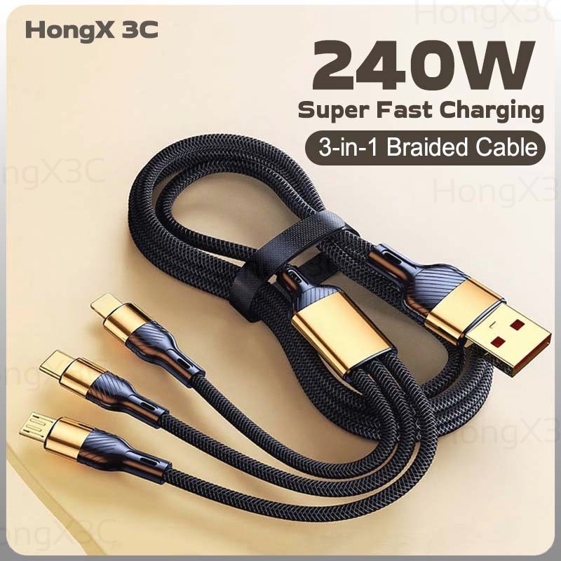 Universal 240W Super Fast Charging Data CABLE 3-in-1 USB สายชาร์จโทรศัพท์ Anti-Burding ไนลอนถักรถสายชาร์จสําหรับโทรศัพท์/แท็บเล็ต