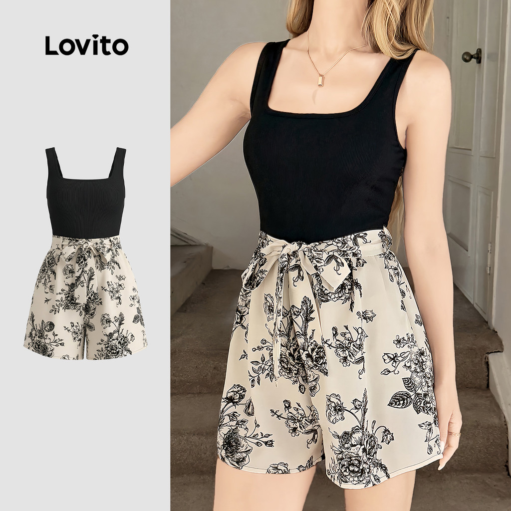 Lovito จัมป์สูทโบโฮพร้อมเข็มขัดลายสีบล็อกสําหรับฤดูใบไม้ผลิ/ฤดูร้อนสําหรับผู้หญิง LK4ED655