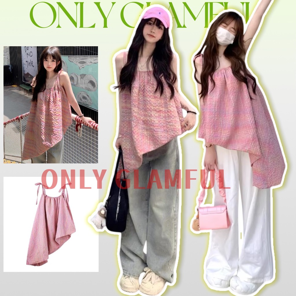 ONLY GLAMFULสไตล์หวานสีชมพูเชือกแขวนคอสลิงเสื้อกั๊กฤดูร้อการออกแบบที่ผิดปกติสันทนาการท็อปส์ซู
