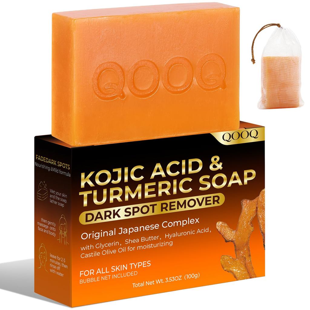 QOK Turmeric Kojic Acid Soap for Dark Spots Remover – แถบล้างหน้าพร้อมวิตามินซี, เรตินอล, คอลลาเจน, 