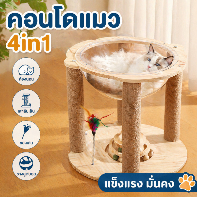 QQ PET CODโดมแมว หลุมอวกาศ ของเล่นแมว คอนโดแมว ที่นอนแมวเสาลับเล็บ คอนโดแมวไม้ ที่นอนแมวพร้อมหลุมใสอะคริลิค