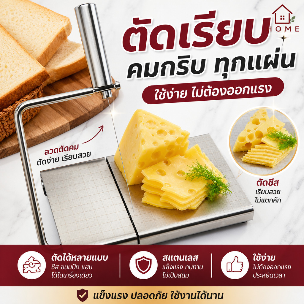 Home007 เครื่องตัดชีส สแตนเลส อเนกประสงค์ ตัดเรียบ ใช้ง่าย สำหรับชีส ขนมปัง แฮม เต้าหู้ แข็งแรง ปลอดภัย Cheese Slicer
